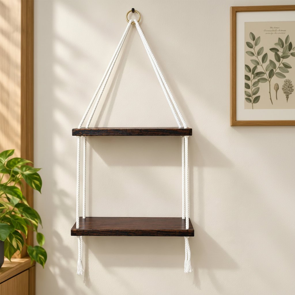 2-Tier Brown Wooden Floating Wall Hanging with White Rope (without décor items)