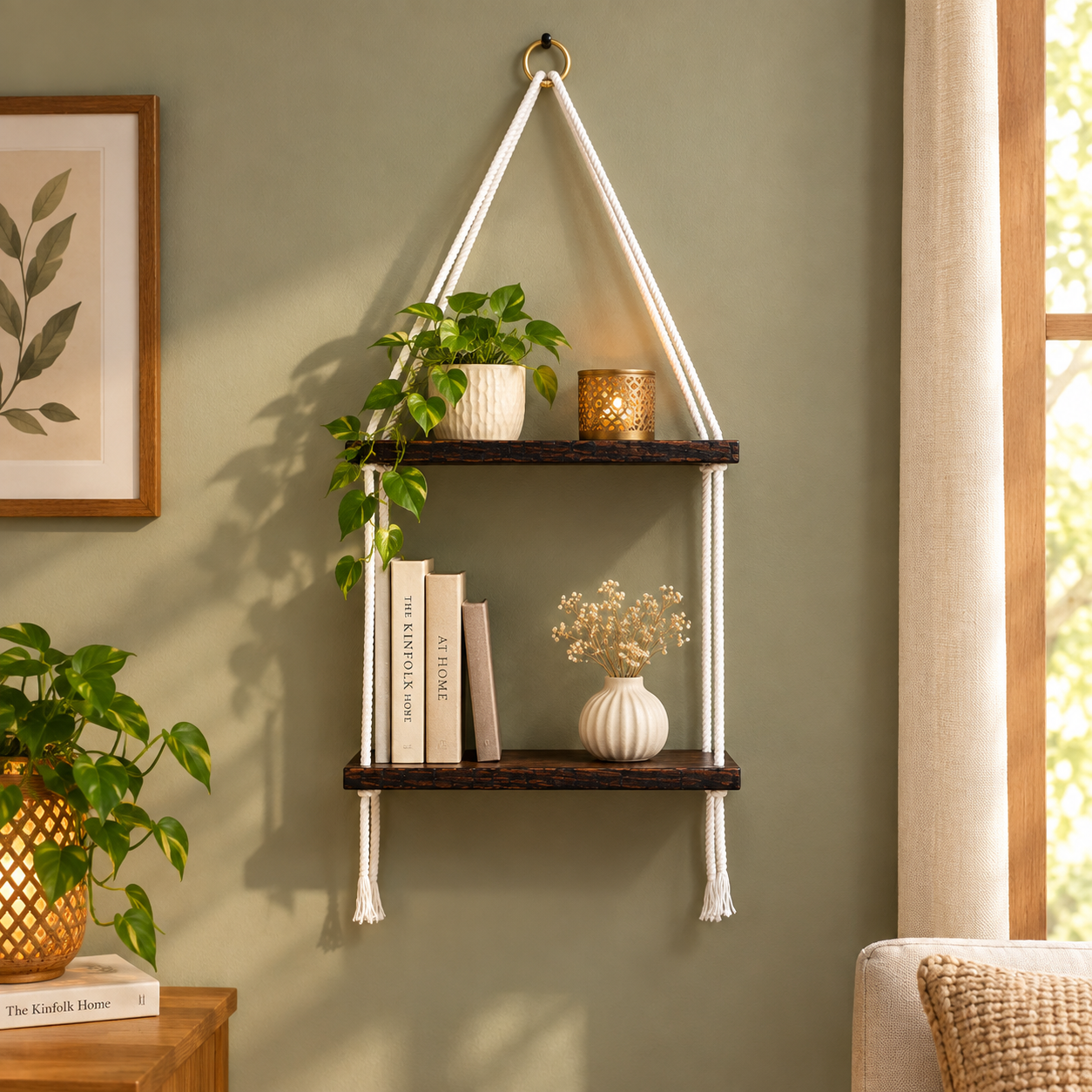 2-Tier Brown Wooden Floating Wall Hanging with White Rope (without décor items)