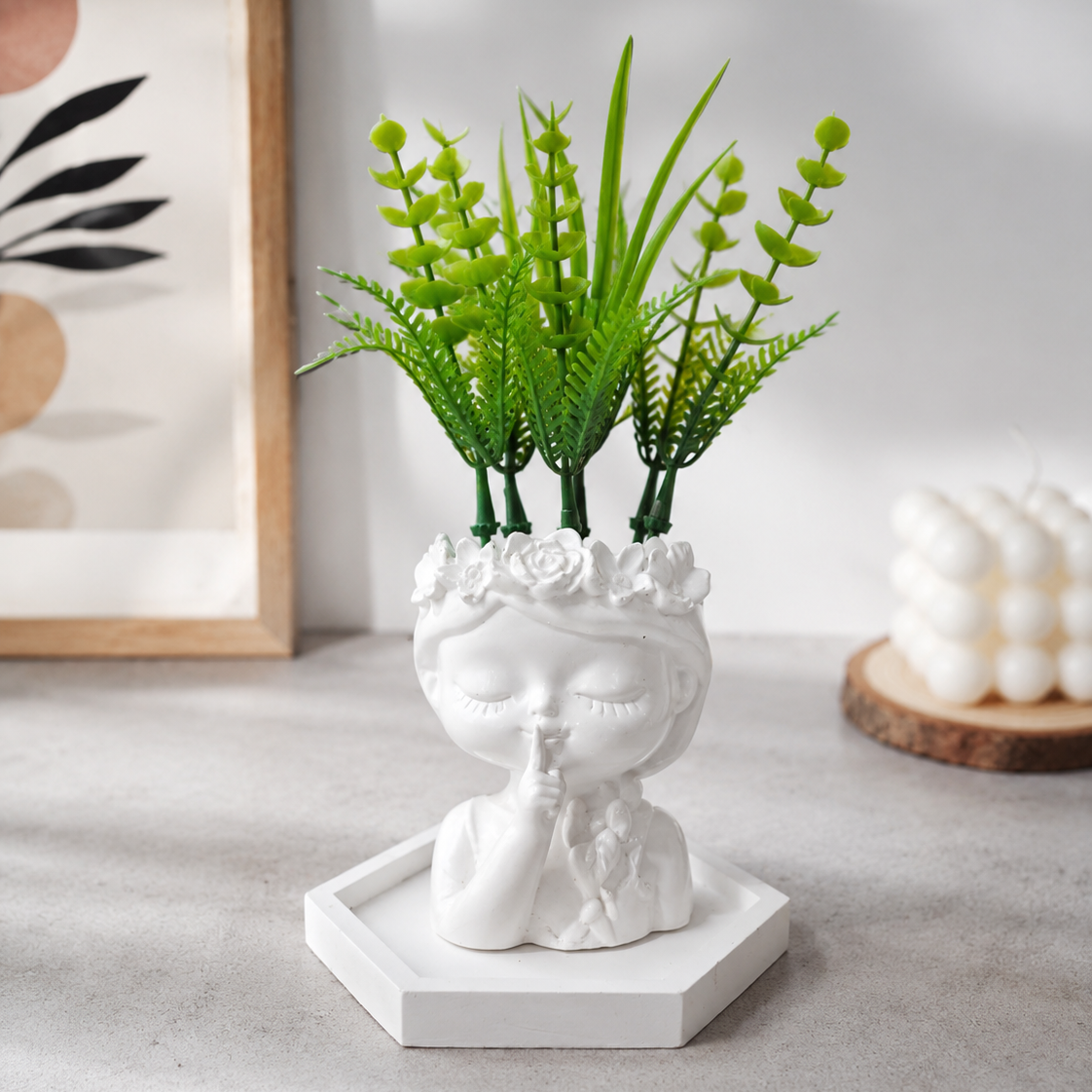 White Mini Doll Shaped Vase with artificial Plants in a White Hexagonal shaped tray