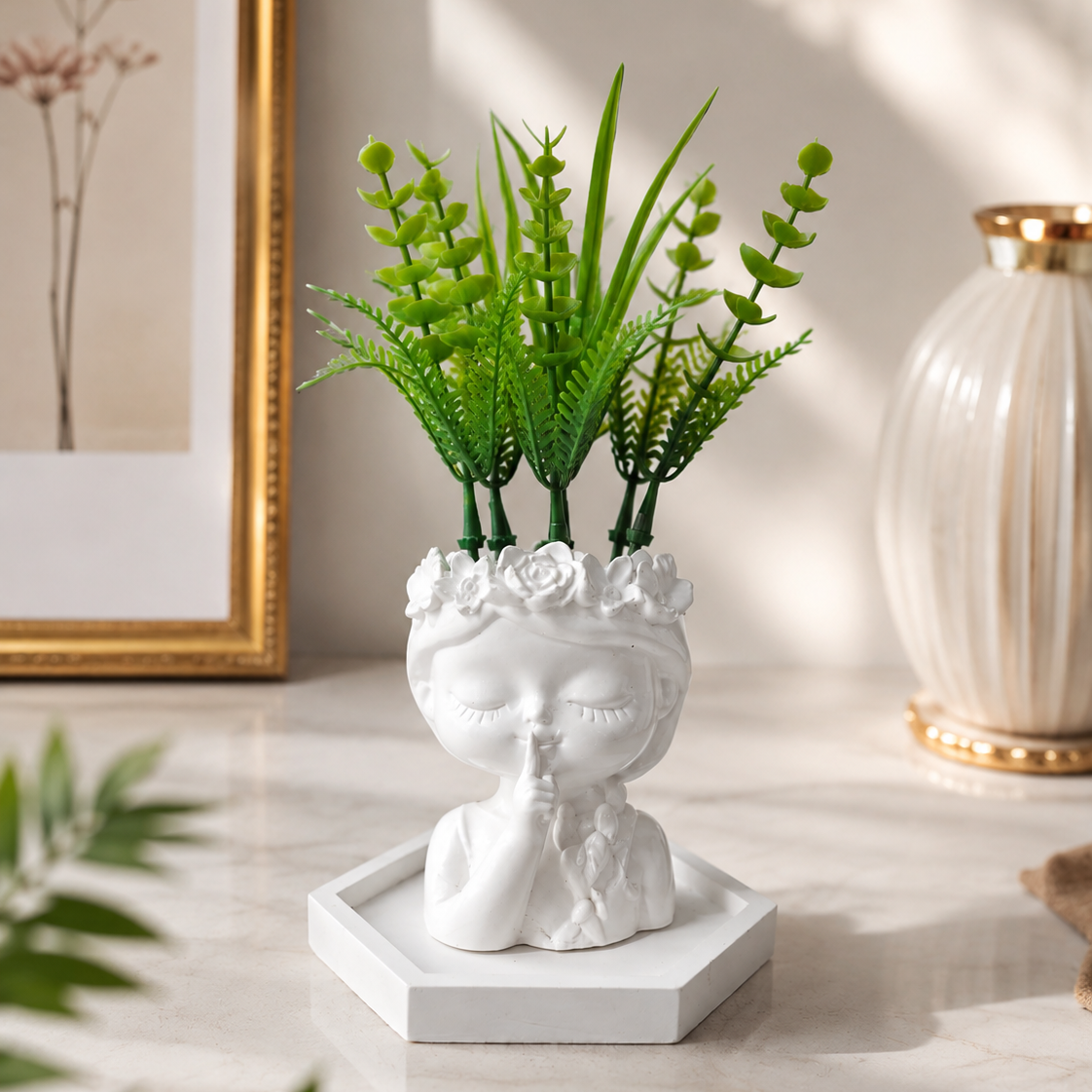 White Mini Doll Shaped Vase with artificial Plants in a White Hexagonal shaped tray
