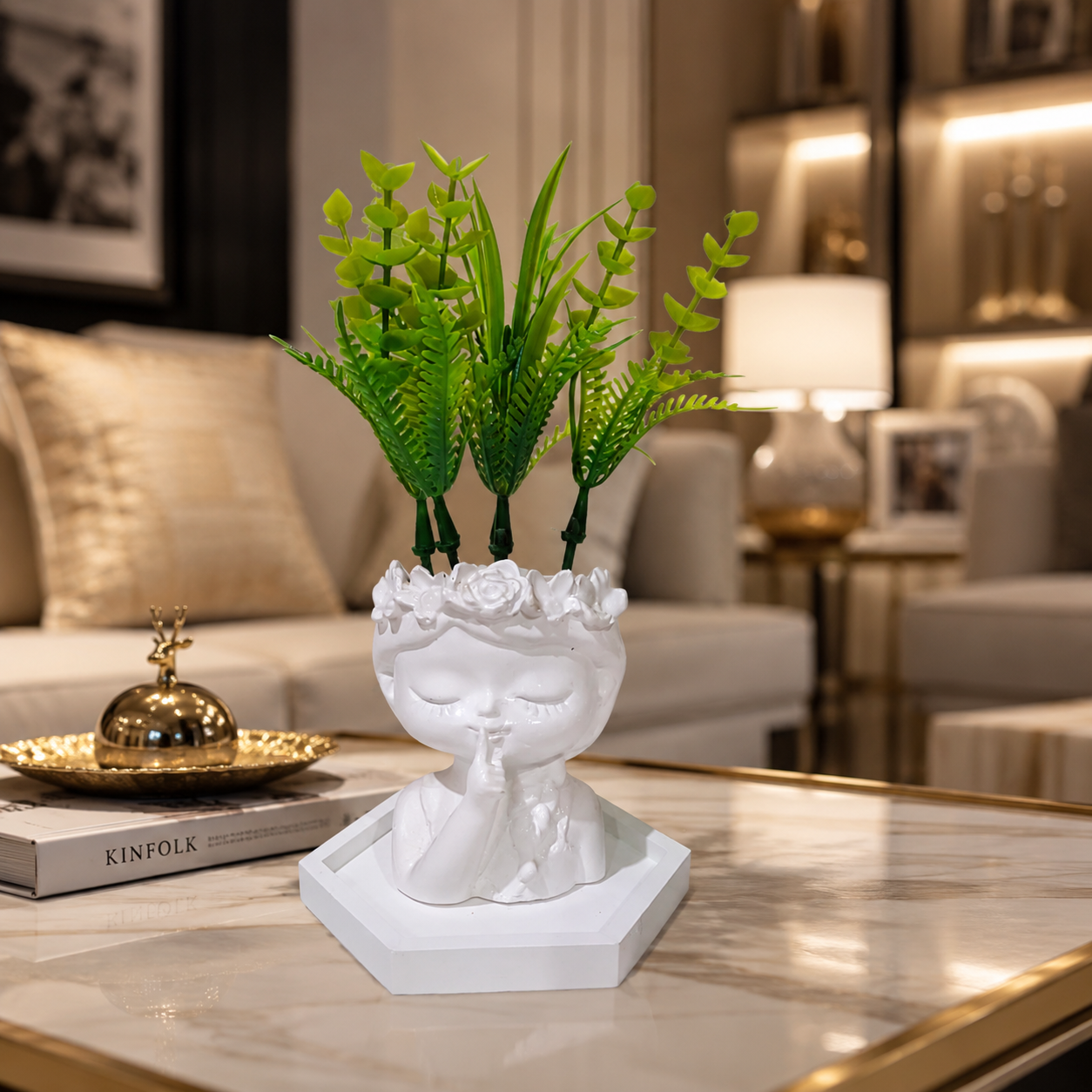 White Mini Doll Shaped Vase with artificial Plants in a White Hexagonal shaped tray