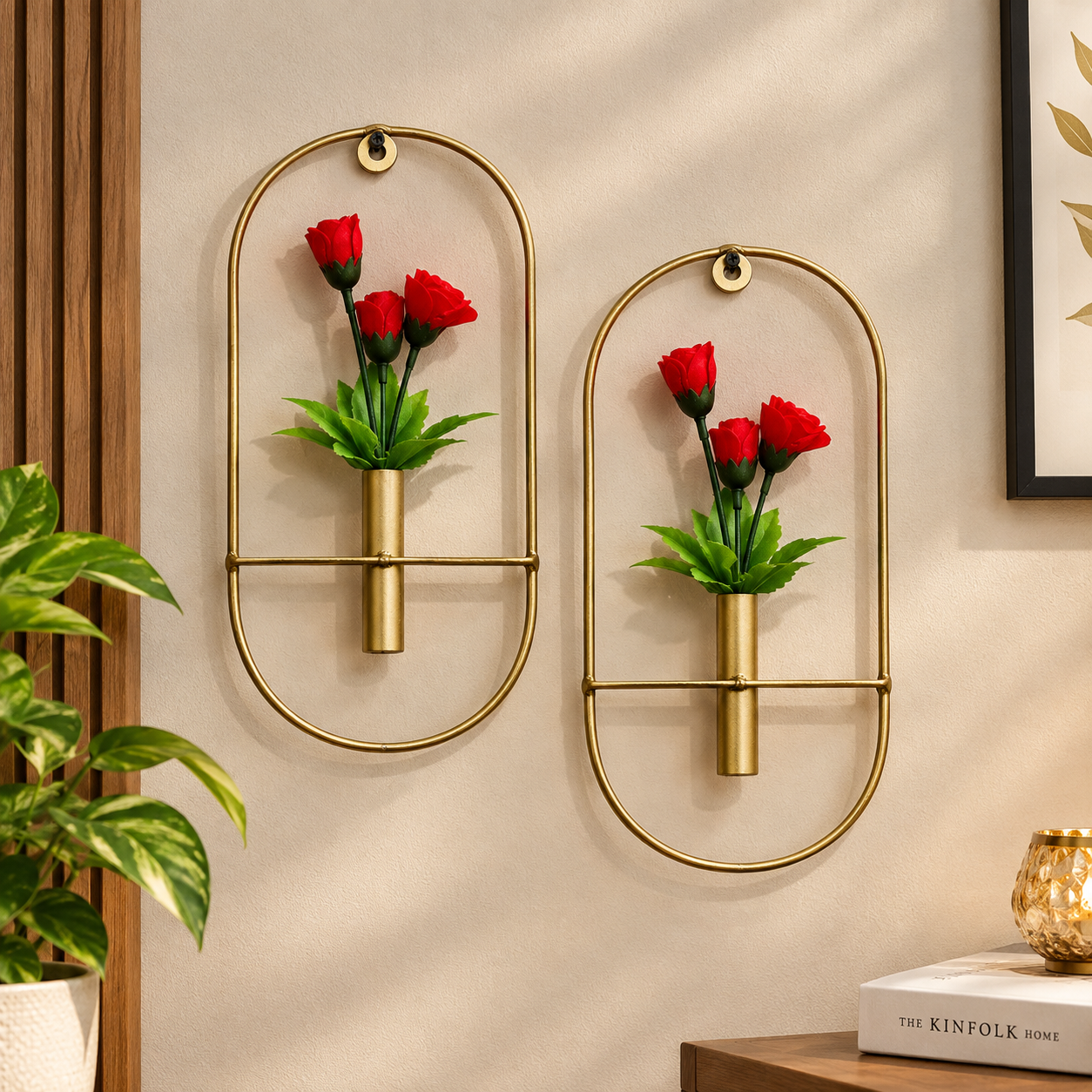 2 Golden Metallic Planters with artificial Red Rosebuds in Oval Shaped Frames