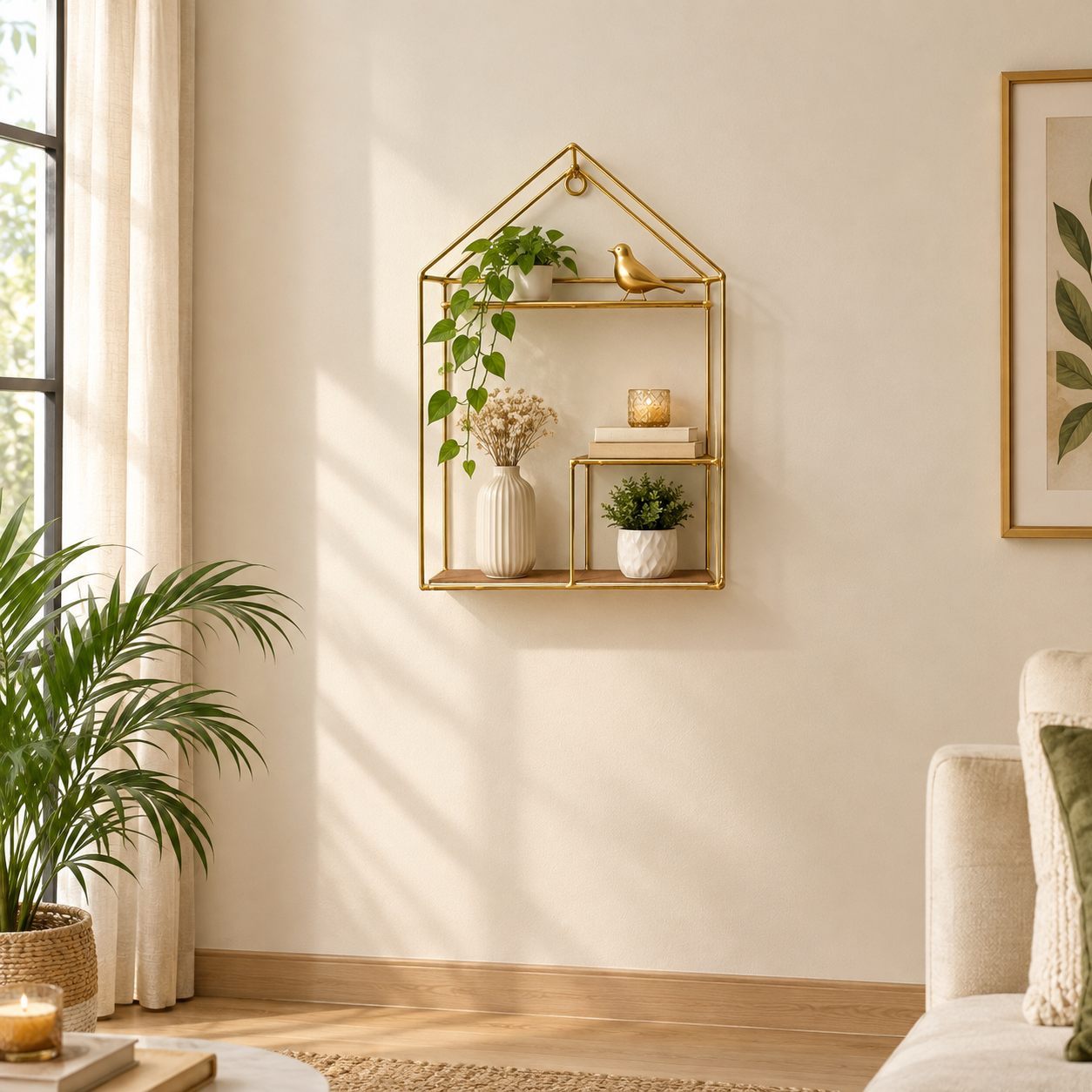 Golden Metallic Cottage Shaped Wall Hanging (without décor items)