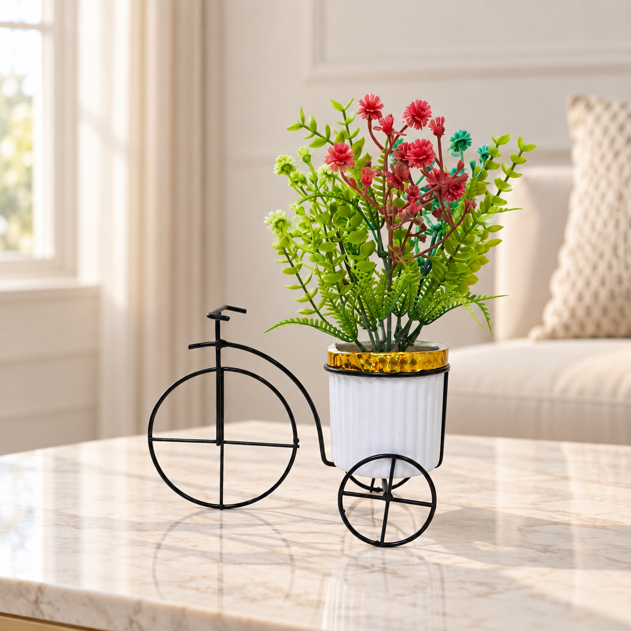 Black Metallic Tricycle with a White Plastic Planter filled with multi colour Gypsophila Flowers