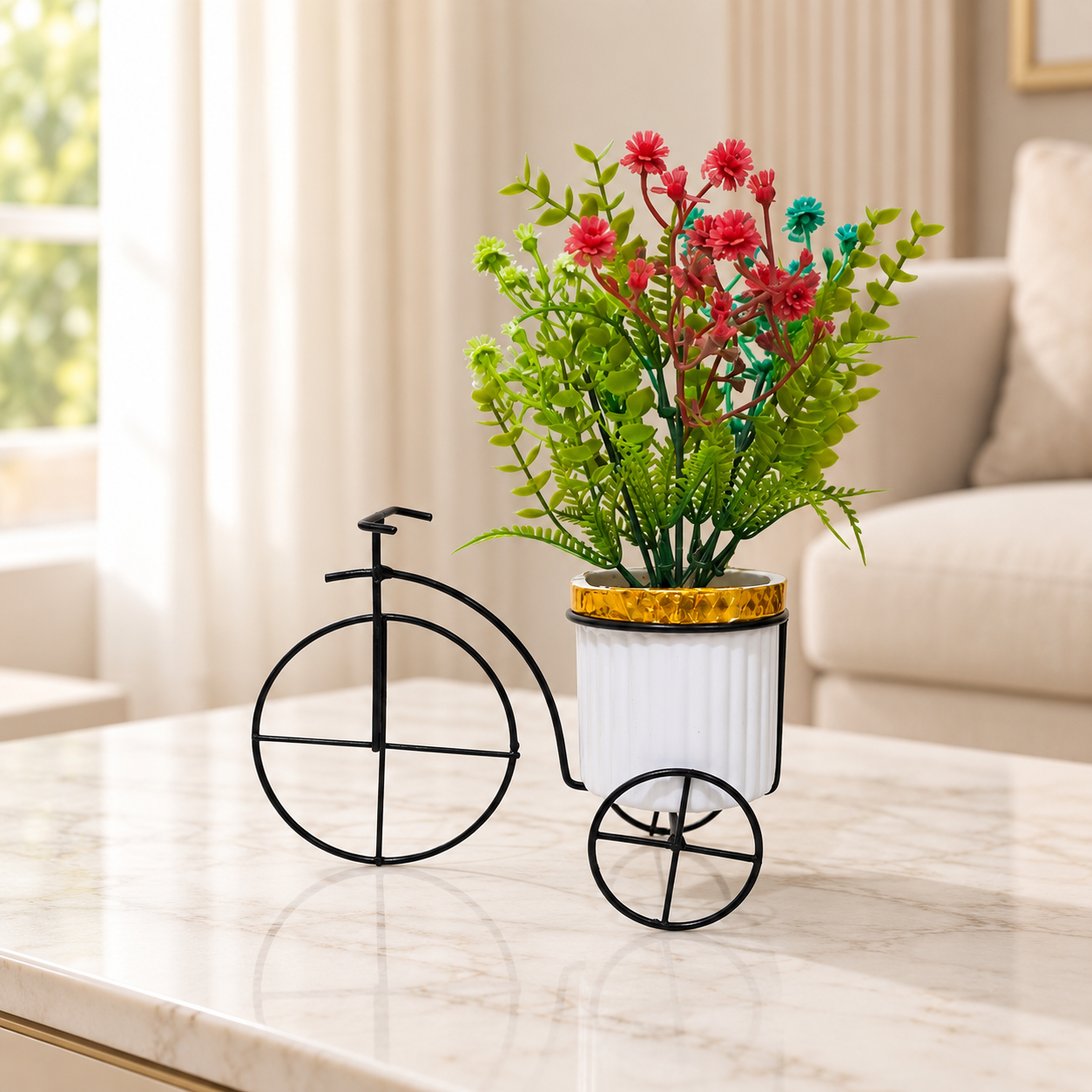 Black Metallic Tricycle with a White Plastic Planter filled with multi colour Gypsophila Flowers