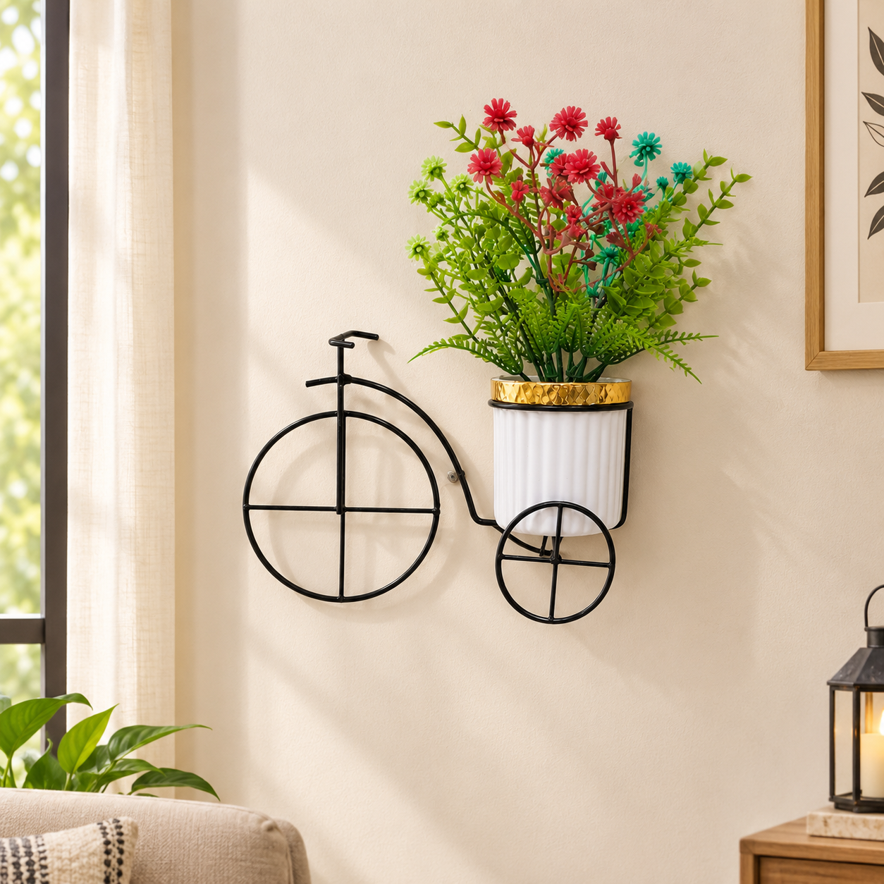 Black Metallic Tricycle with a White Plastic Planter filled with multi colour Gypsophila Flowers