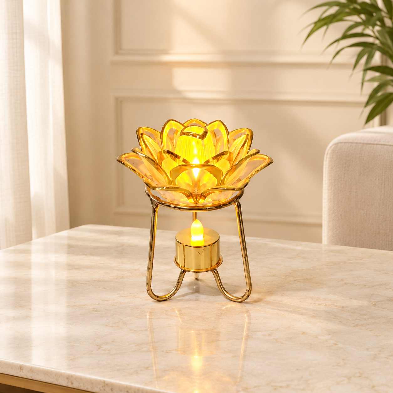 Golden Metallic Stand with 01 Golden LED light at Bottom and 01 Floral LED Light at Top