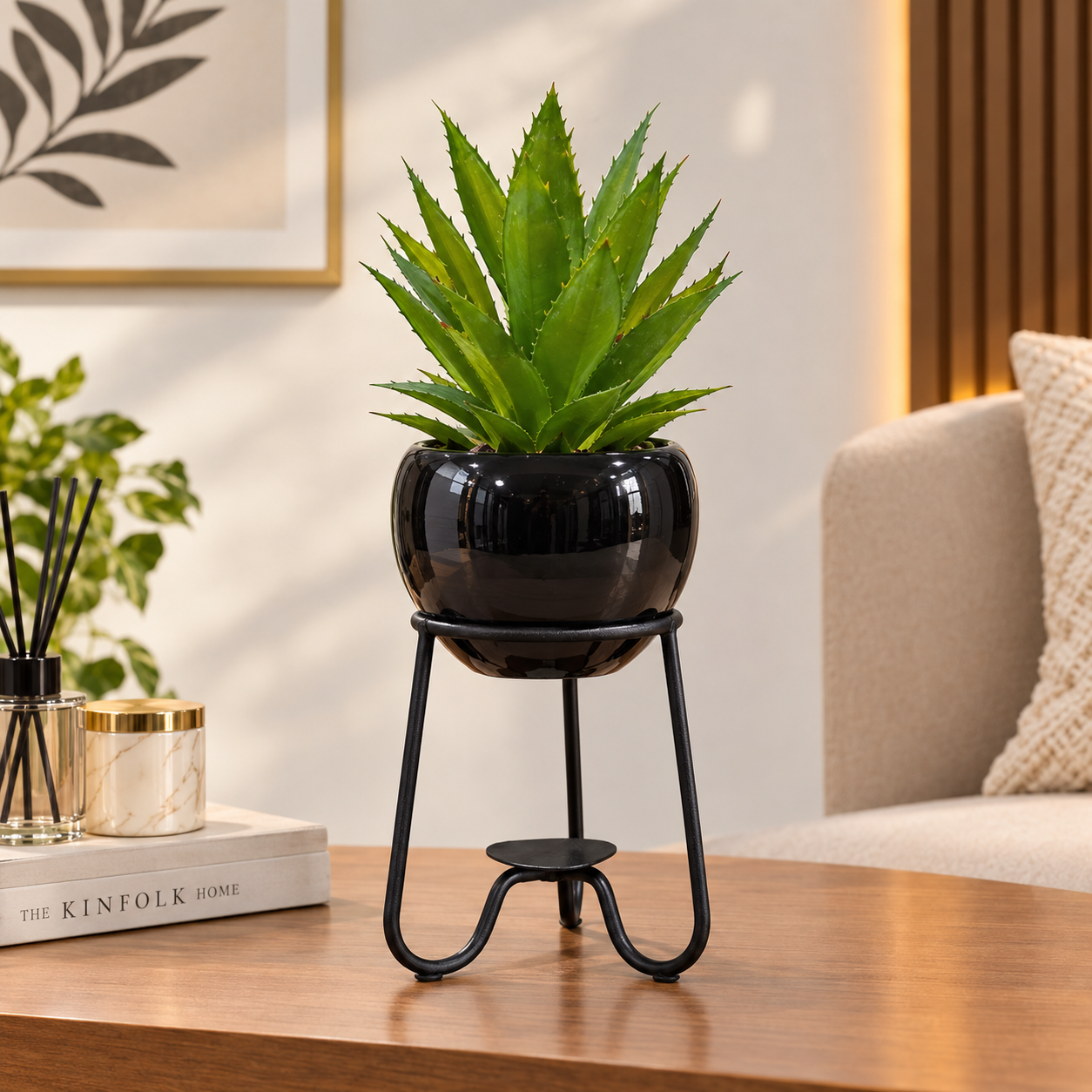 Black Ceramics Pot with artificial Cactus Plant on a Black Metallic Stand