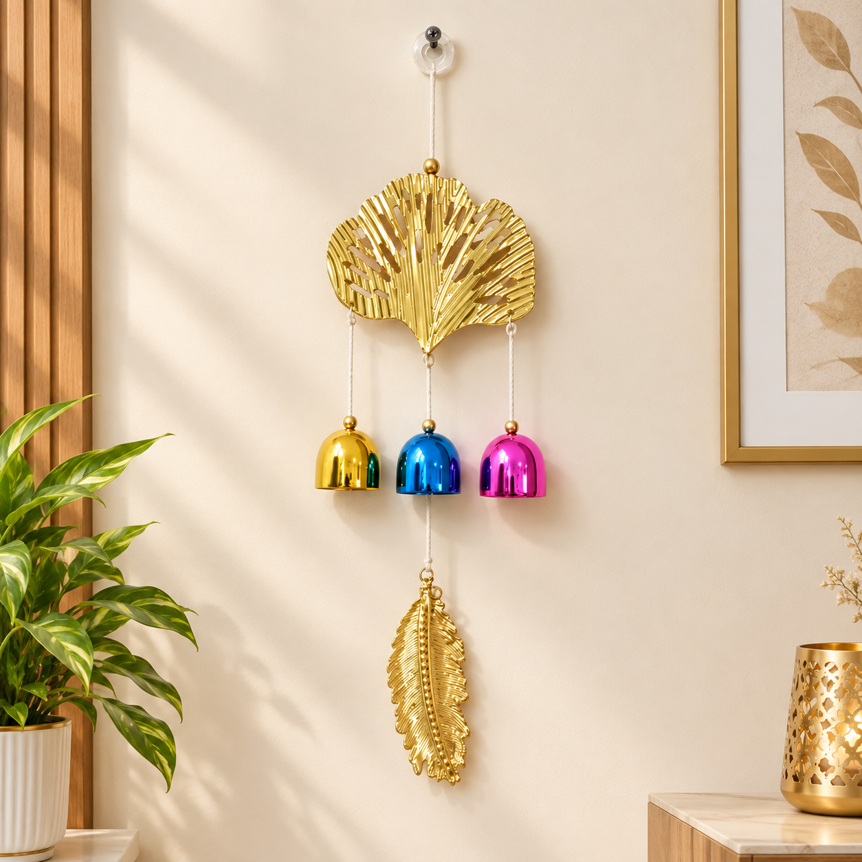 Golden Leaf Wind Chime with Multi Colour Bells
