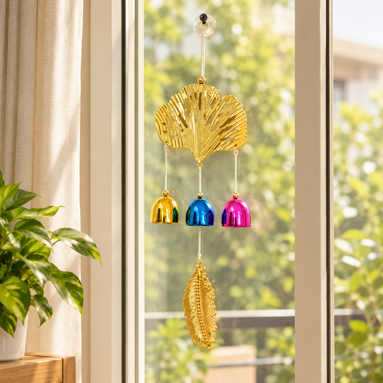 Golden Leaf Wind Chime with Multi Colour Bells