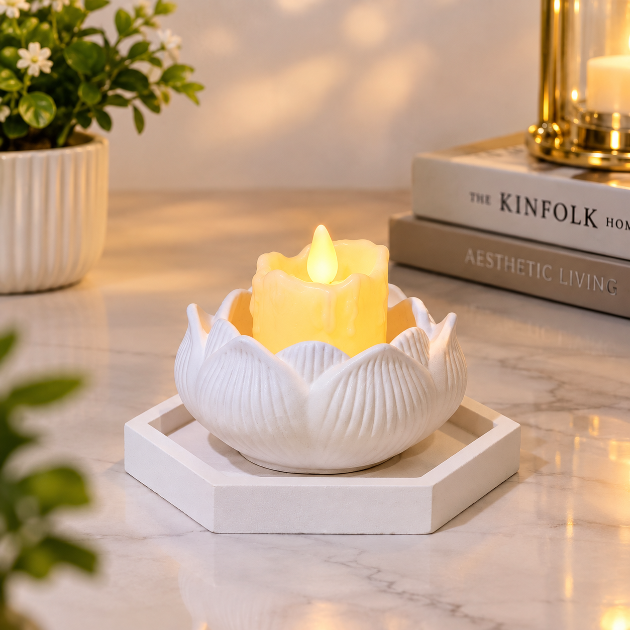 Lotus Flower Shaped mini Candle Holder with LED Candles in Hexagonal Trinket Tray