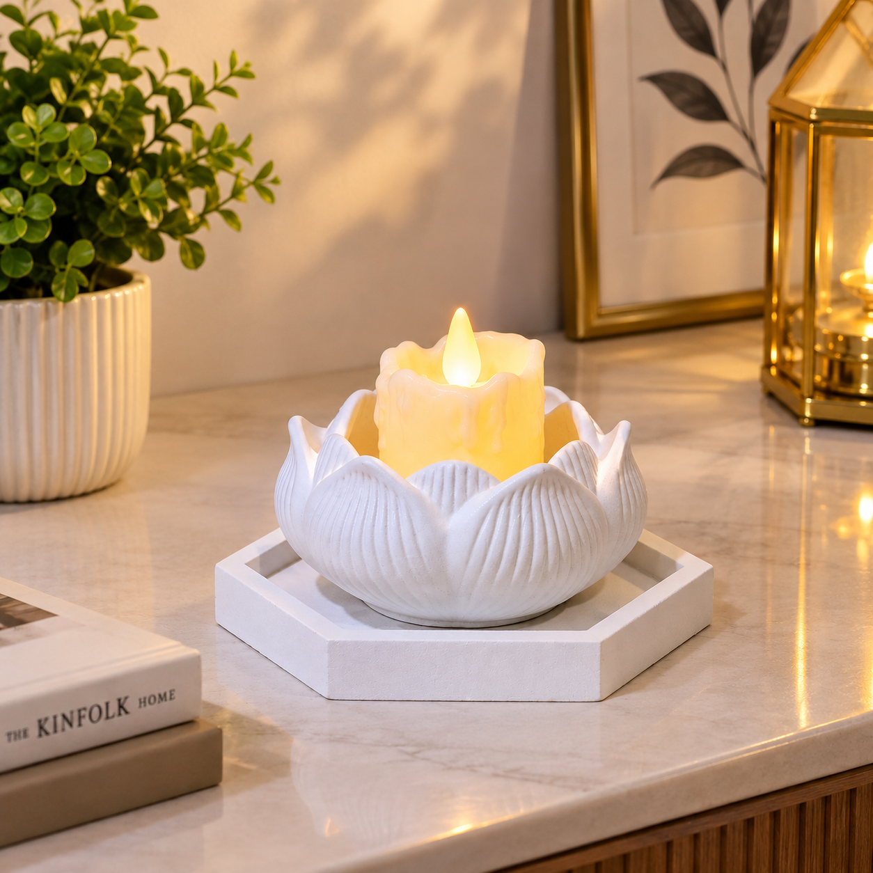 Lotus Flower Shaped mini Candle Holder with LED Candles in Hexagonal Trinket Tray