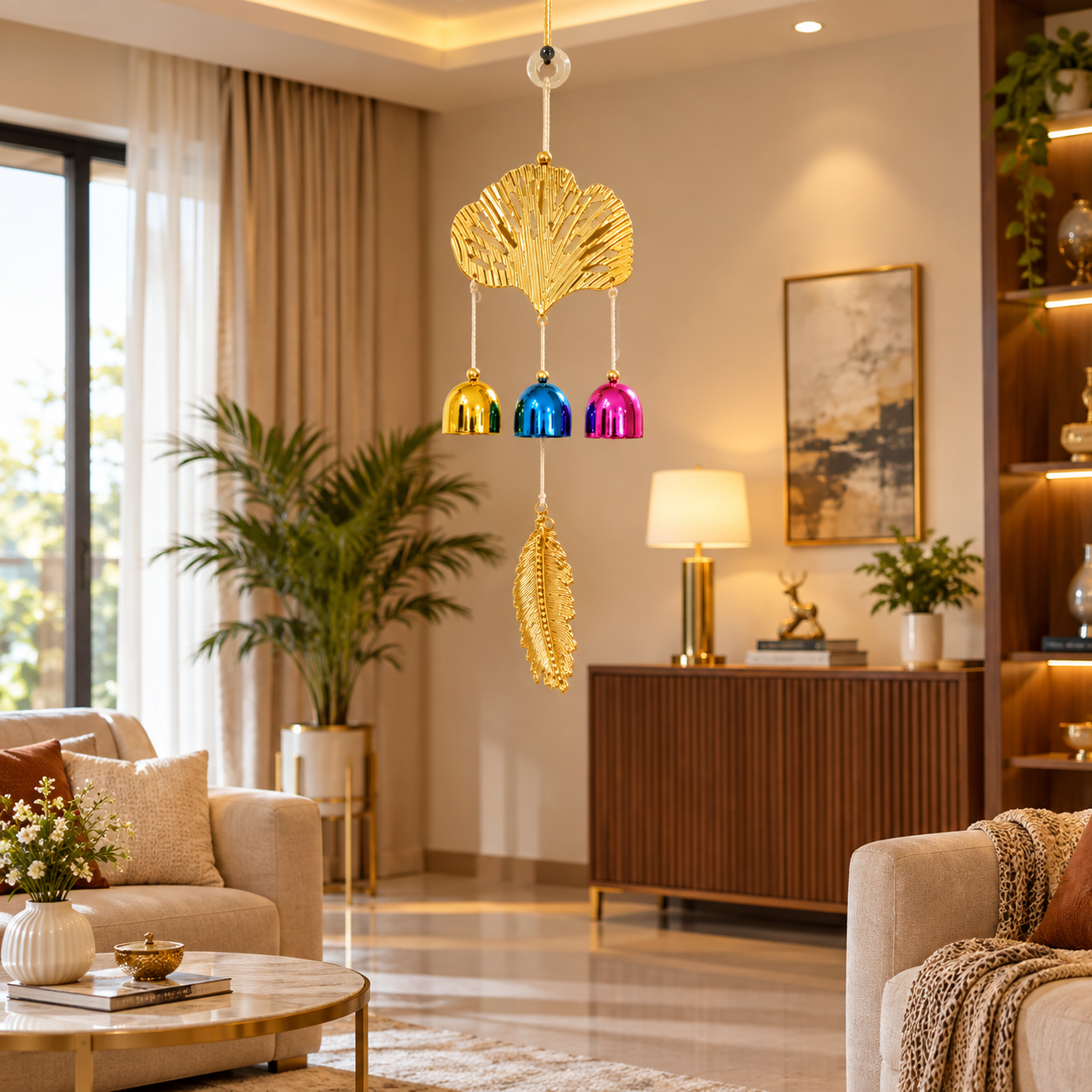 Golden Leaf Wind Chime with Multi Colour Bells