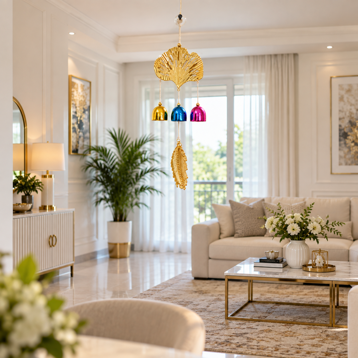 Golden Leaf Wind Chime with Multi Colour Bells