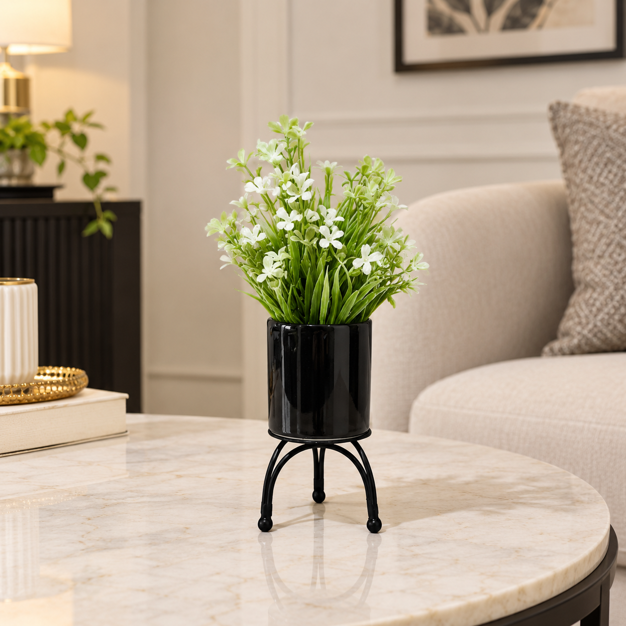 Black Ceramic Pot with Artificial White Flowers Plant on Black Curved Legs Metallic Stand