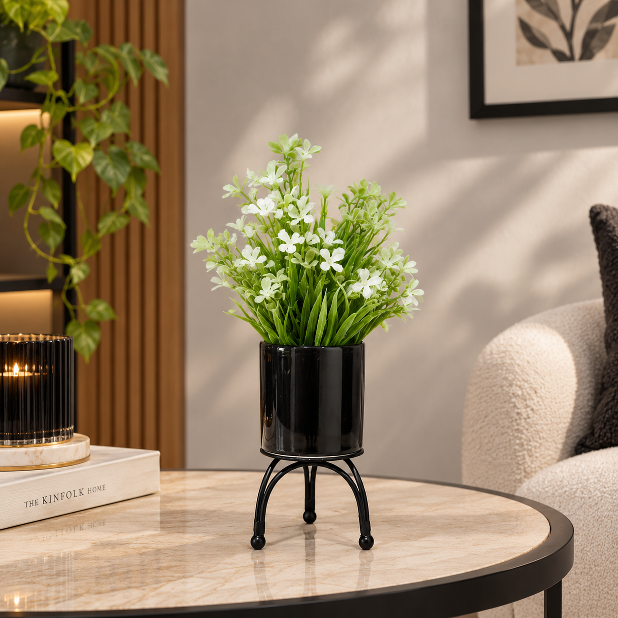 Black Ceramic Pot with Artificial White Flowers Plant on Black Curved Legs Metallic Stand