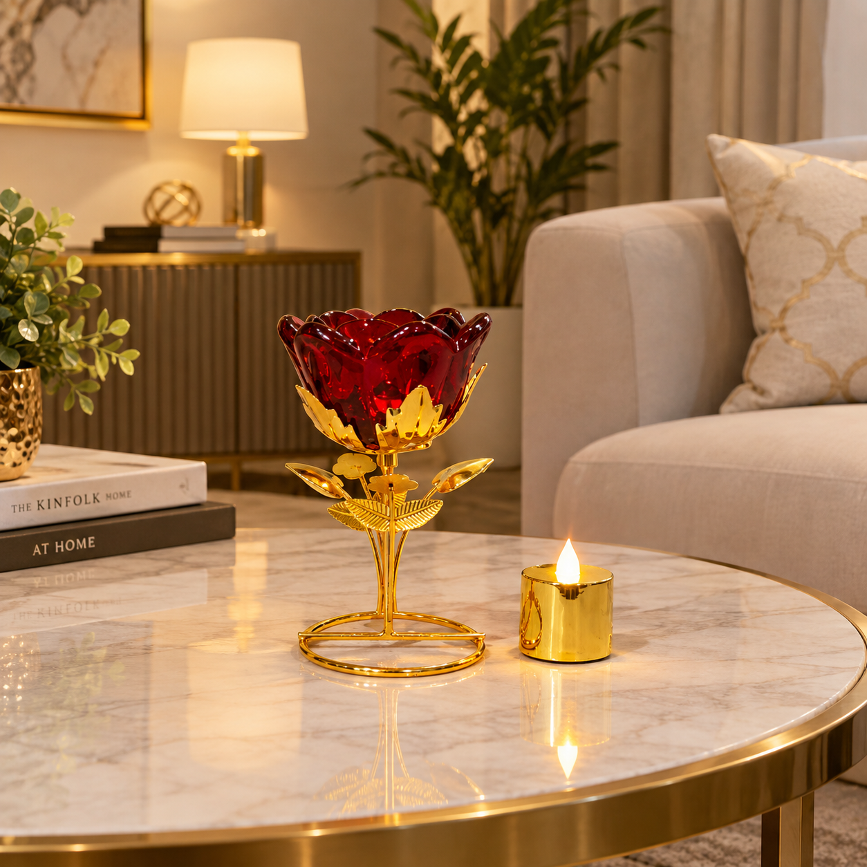 Golden Metallic Stand with a Red Rose Glass Holder and Golden LED Light