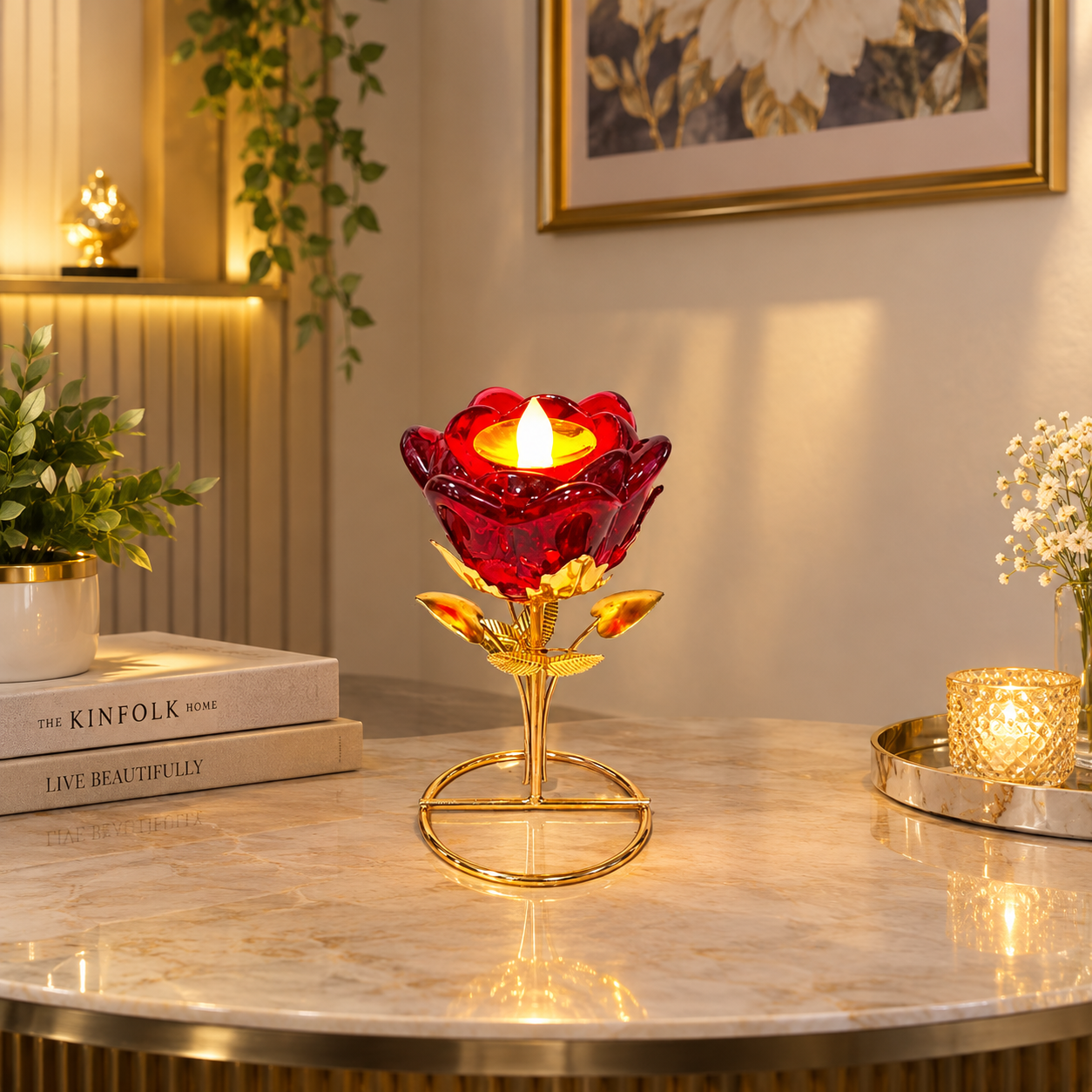 Golden Metallic Stand with a Red Rose Glass Holder and Golden LED Light