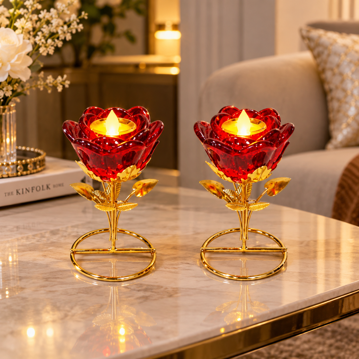 Golden Metallic Stand with a Red Rose Glass Holder and Golden LED Light