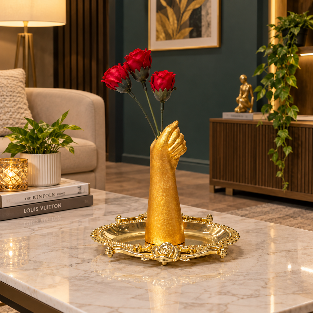 Gold Painted Hand Sculpture Vase holding three red flowers placed in a Golden tray