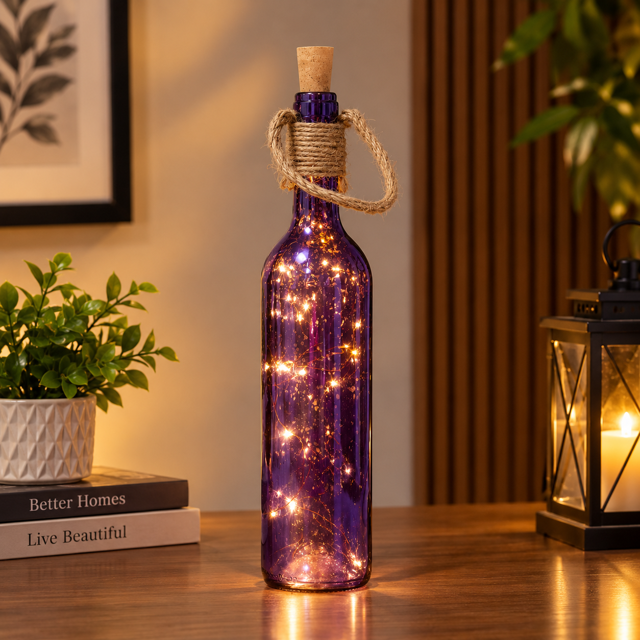 Purple Glass Bottle with Cork at opening and LED Stary String Lights inside