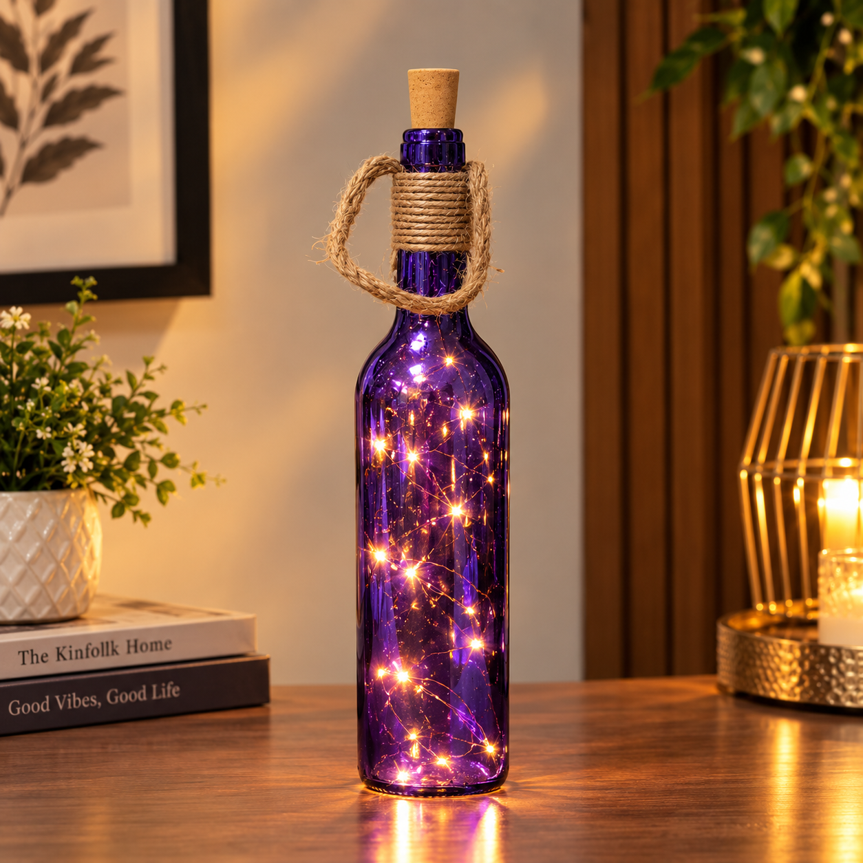 Purple Glass Bottle with Cork at opening and LED Stary String Lights inside