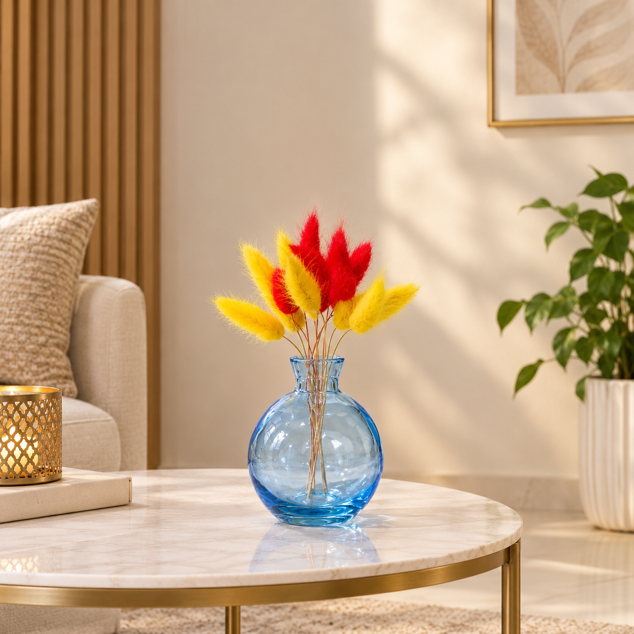 Vibrant Red and Yellow fluffy plumes of dried bunny tail grass nestled inside the round blue glass vase