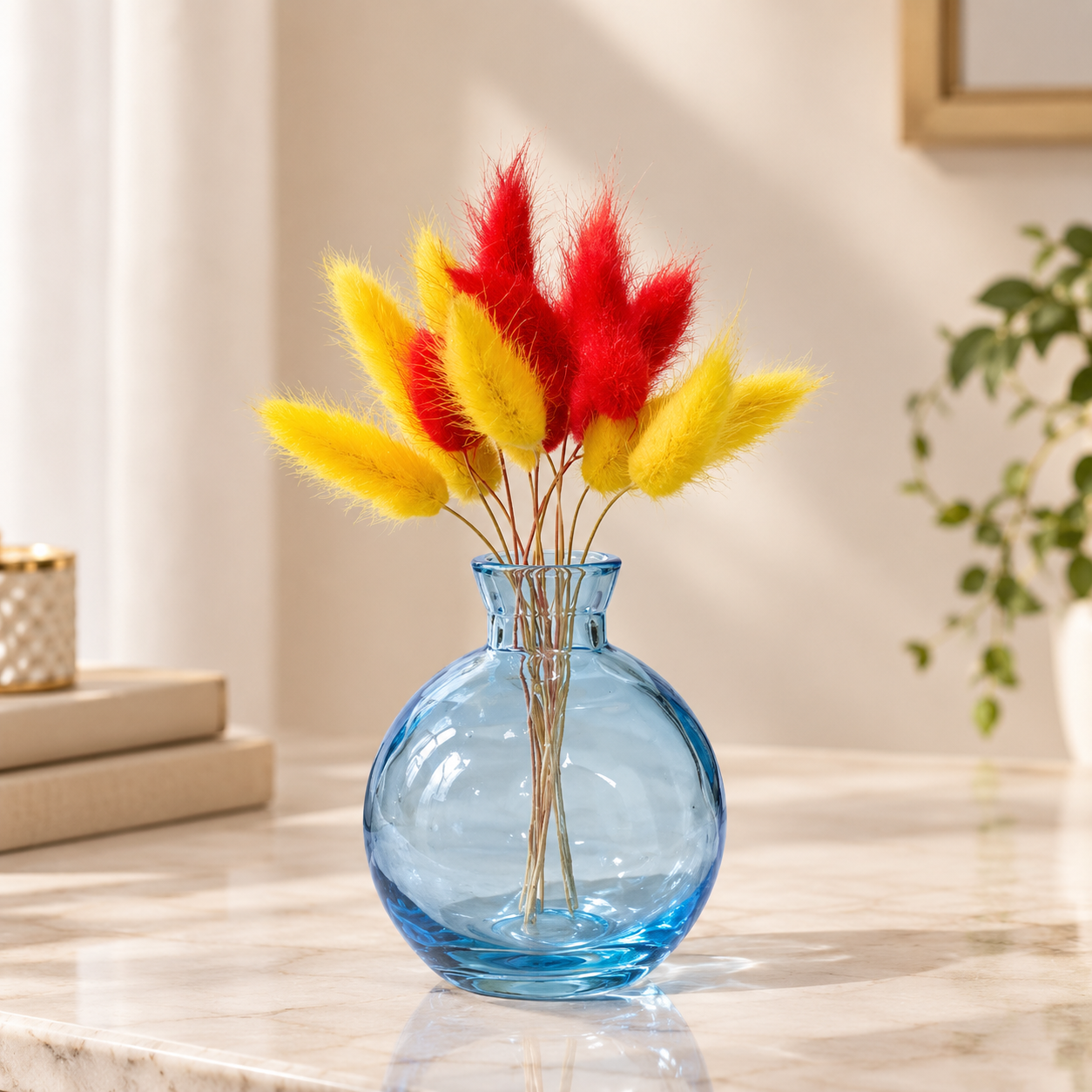 Vibrant Red and Yellow fluffy plumes of dried bunny tail grass nestled inside the round blue glass vase