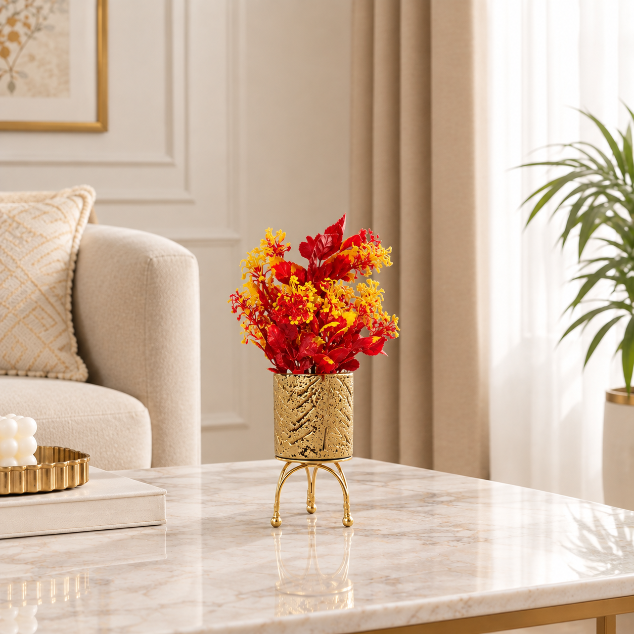 Golden Textured Ceramic Pot with Artificial Red-Yellow Flowers Plant on Golden Curved Legs Metallic Stand