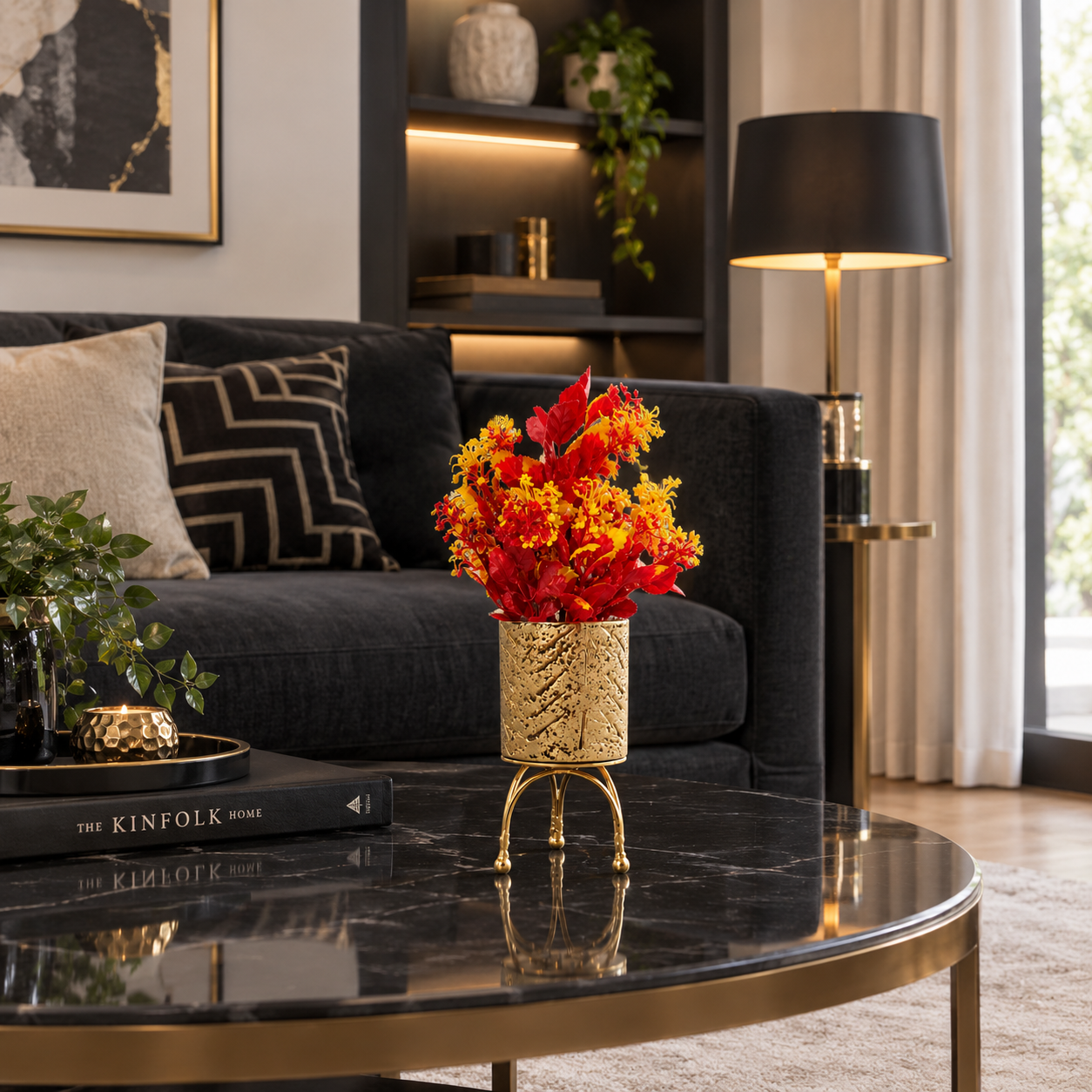 Golden Textured Ceramic Pot with Artificial Red-Yellow Flowers Plant on Golden Curved Legs Metallic Stand