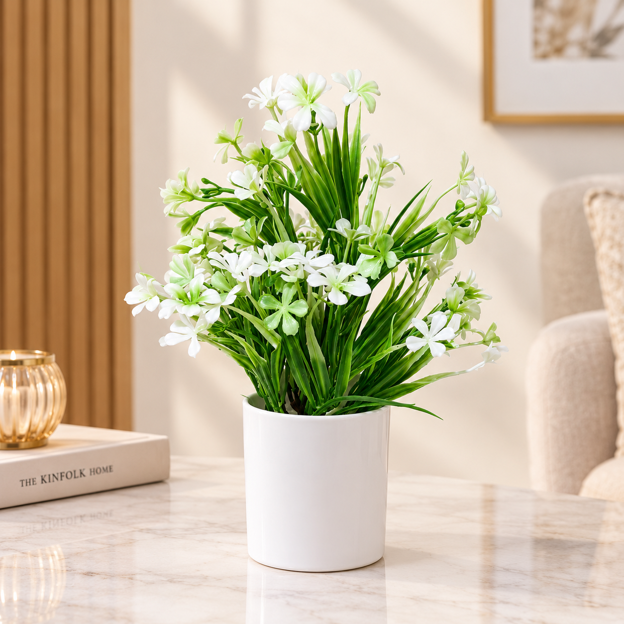 White Ceramic Pot with Artificial White Blossoms