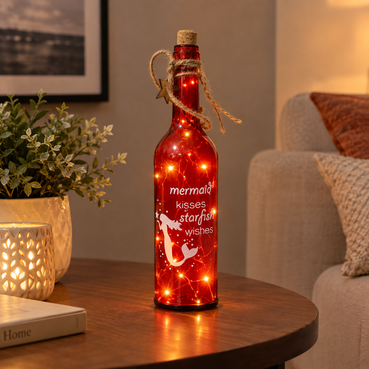 Red Glass Bottle with printed Mermaid & Starfish with LED Starry String Lights inside