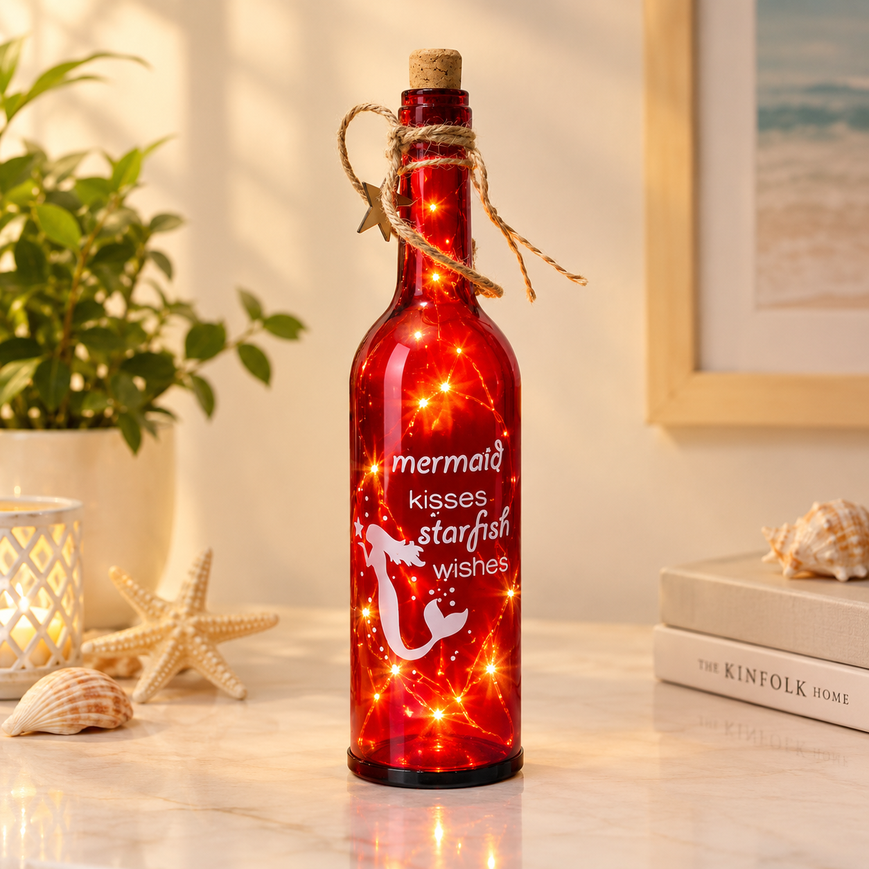 Red Glass Bottle with printed Mermaid & Starfish with LED Starry String Lights inside