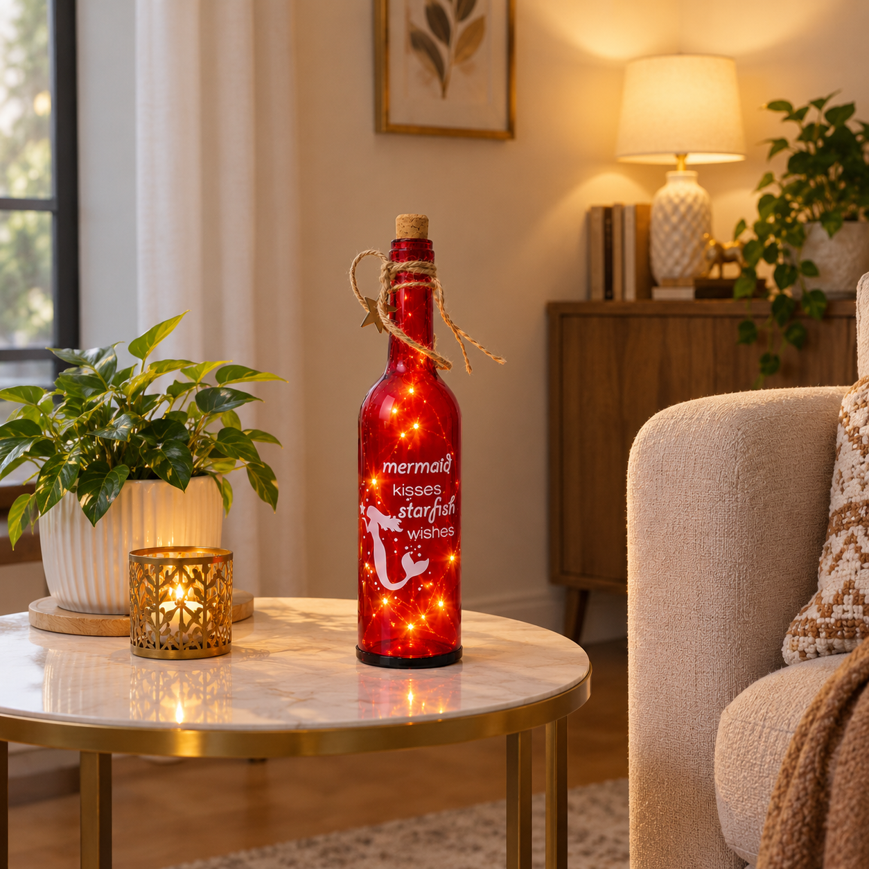 Red Glass Bottle with printed Mermaid & Starfish with LED Starry String Lights inside
