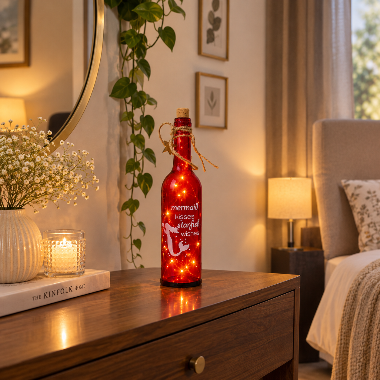 Red Glass Bottle with printed Mermaid & Starfish with LED Starry String Lights inside