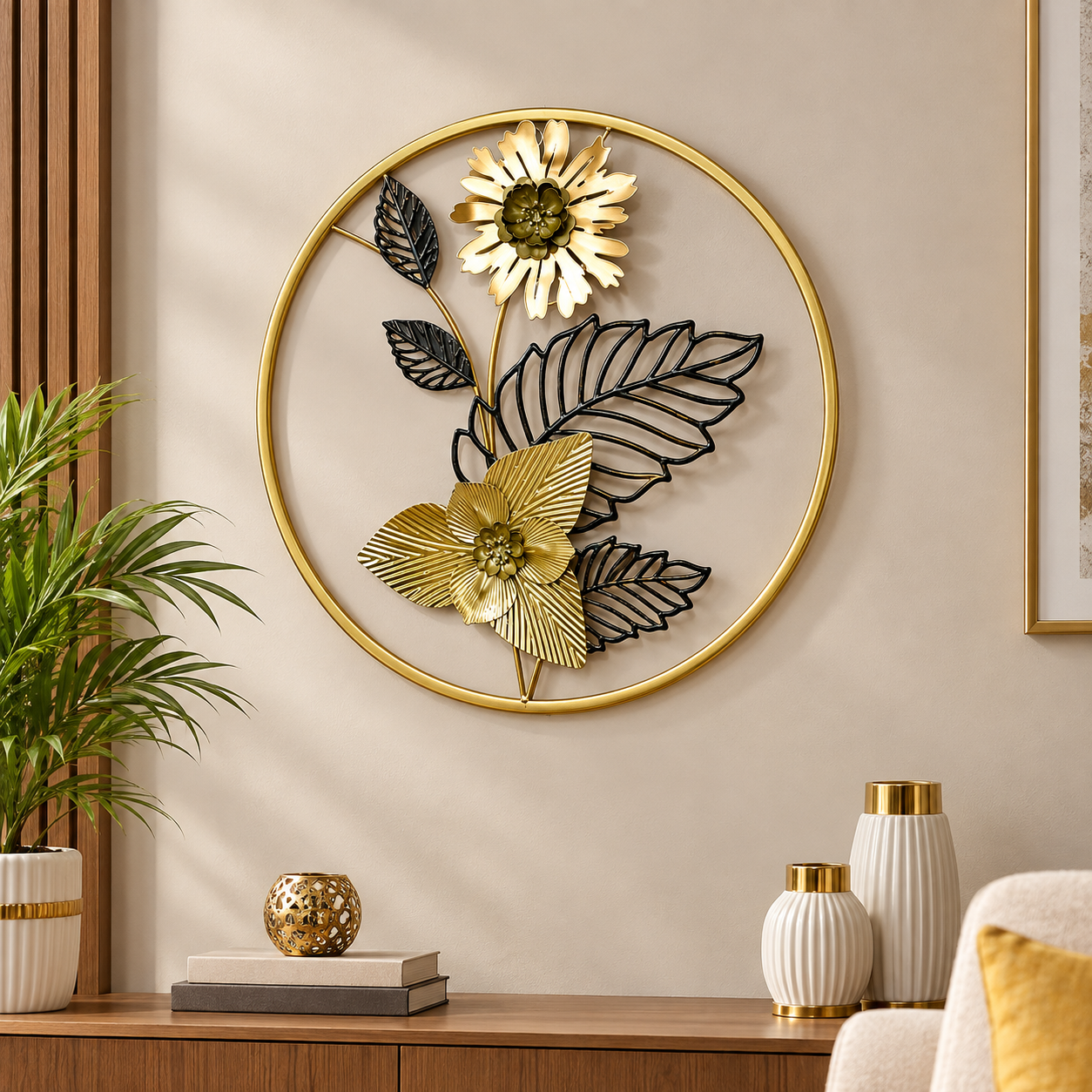 3D Round Golden-Black Metallic Floral Wall Hanging