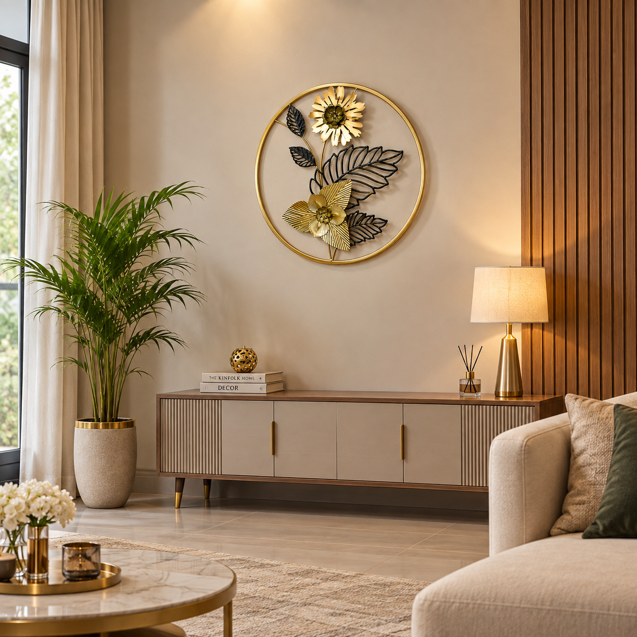 3D Round Golden-Black Metallic Floral Wall Hanging