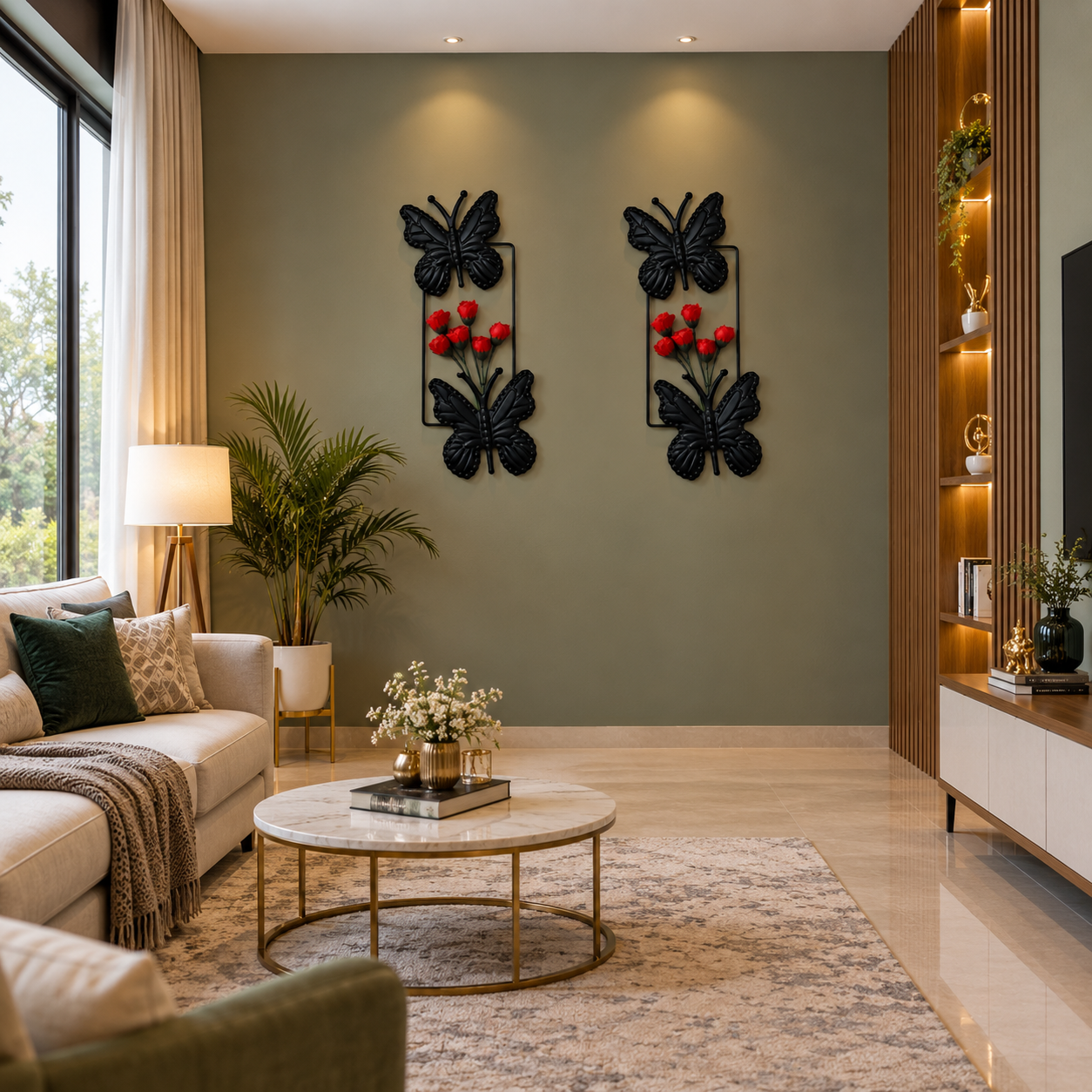 Black metallic wall hanging featuring two graceful butterflies with a cluster of vibrant Red Rosebuds