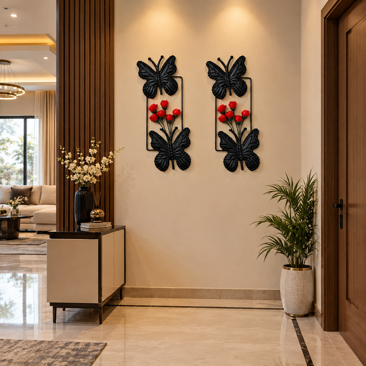 Black metallic wall hanging featuring two graceful butterflies with a cluster of vibrant Red Rosebuds