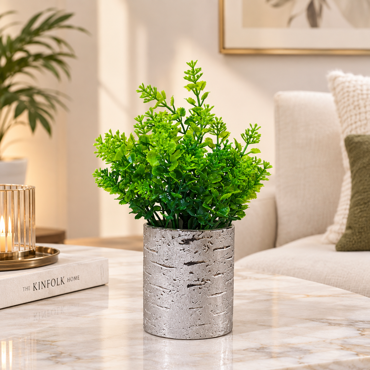 Silver Textured Ceramic Pot with Artificial Lush Green Plant