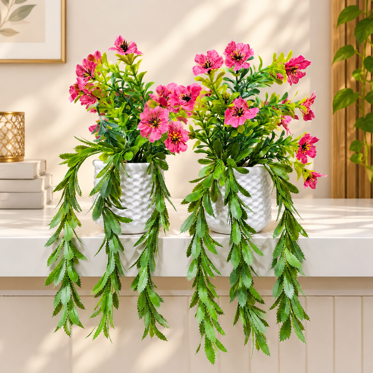 Pack of 2 White Textures Plastic Pots with artificial Pink Blossoms Plants