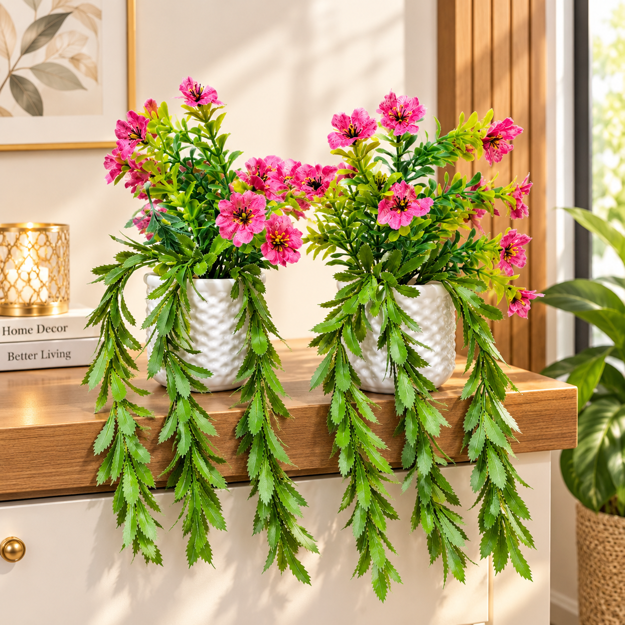 Pack of 2 White Textures Plastic Pots with artificial Pink Blossoms Plants