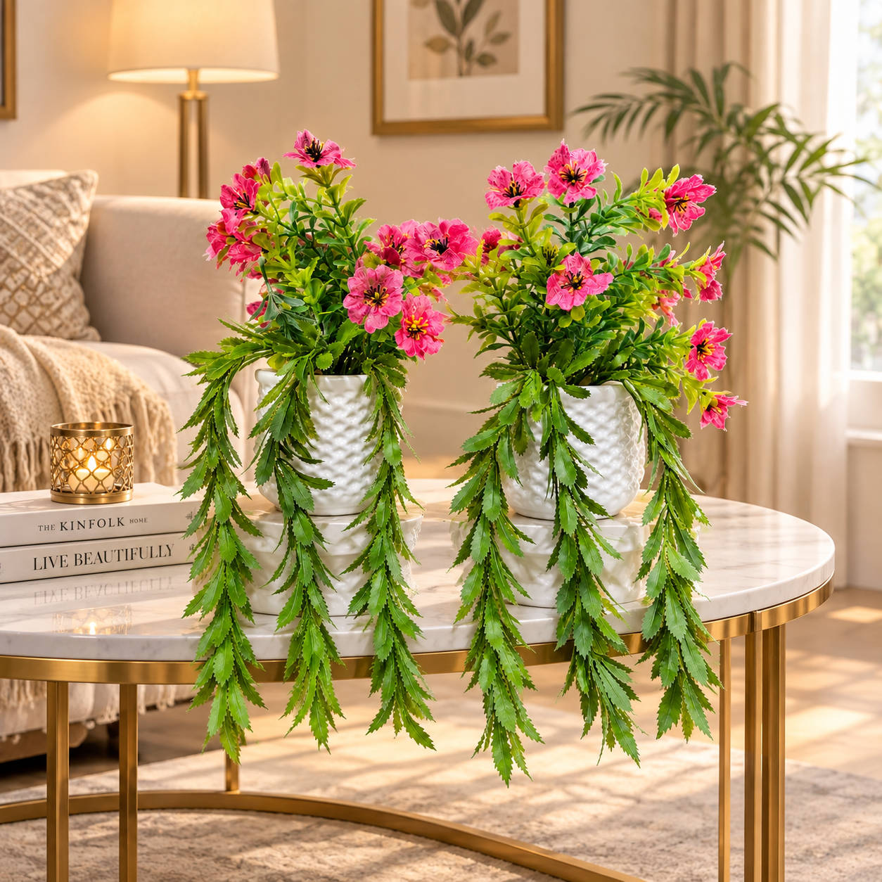 Pack of 2 White Textures Plastic Pots with artificial Pink Blossoms Plants