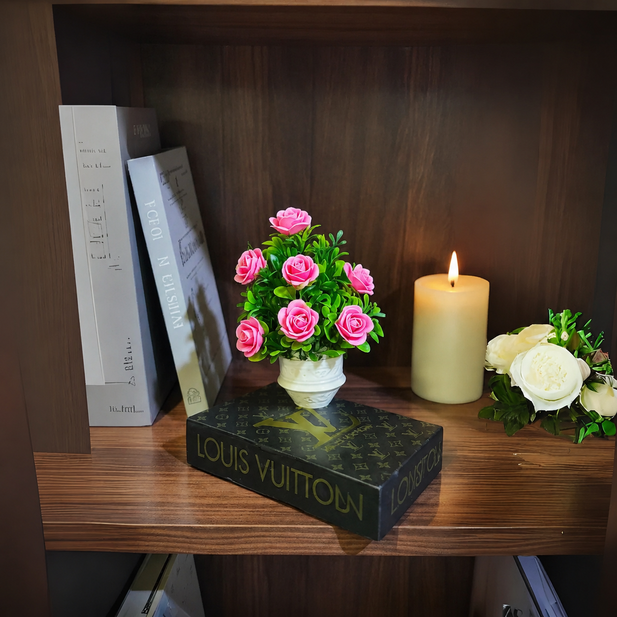 White Ceramic Pot with Classic Green Plant with Pink Flowers