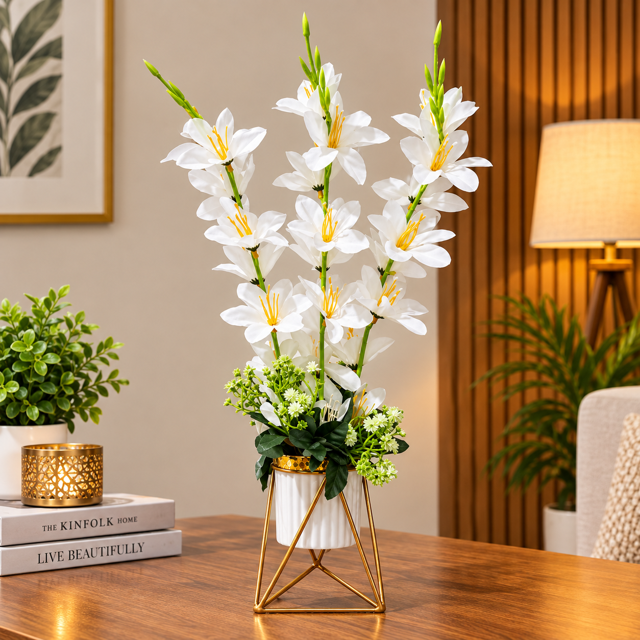 Artificial White Gladiolus flower arrangement in a geometric golden metallic stand with a white pot