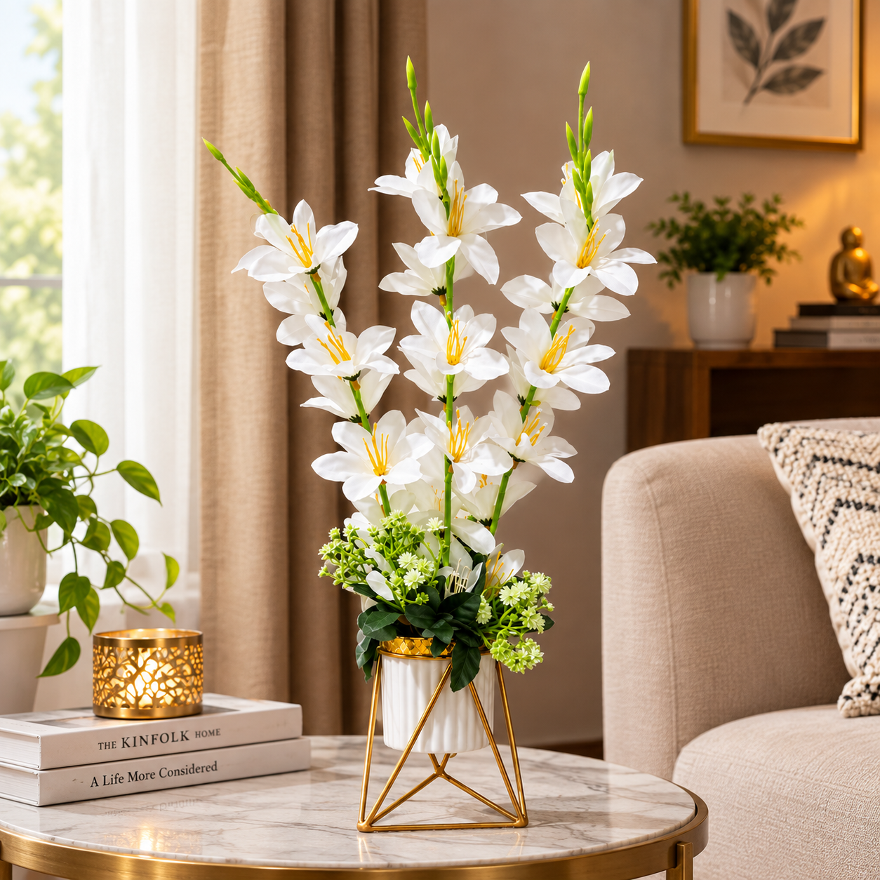 Artificial White Gladiolus flower arrangement in a geometric golden metallic stand with a white pot