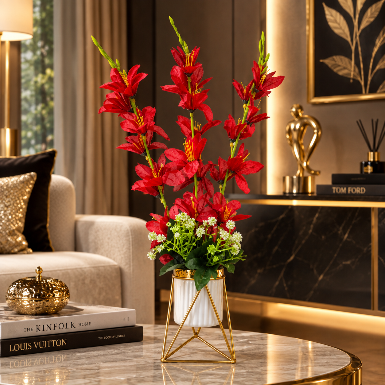 Artificial Red Gladiolus flower arrangement in a geometric golden metallic stand with a white pot