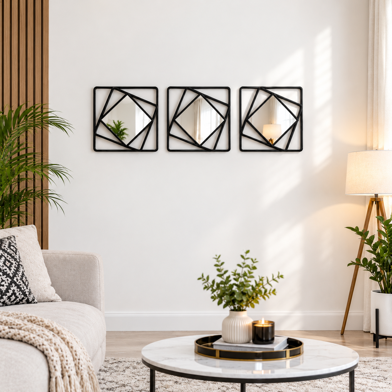 3-PCS Set of Black Geometric wall decor mirror with a layered, rotated square frame design