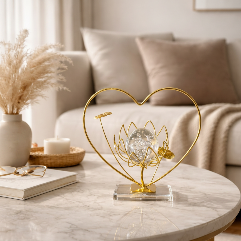 Golden Metallic Heart Shape Frame on Stand with Crystal Ball inside Flower