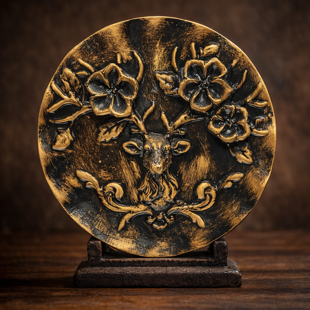 Bronze-Black Vintage look Decorative Plate with Deer Face on Resin Base